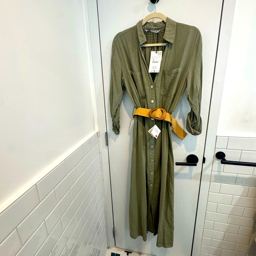 Zara NWT linen blend belted shirtdress